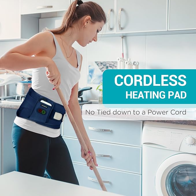 Comfytemp Cordless Heating Pad with Massager for Back Pain Relief, Portable Lower Back Massager Wearable, Birthday Gifts for Dad Mom Men Women, 3 Heat, 30mins Auto-Off Blue