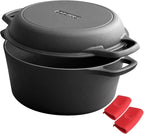 EDGING CASTING 2-in-1 Pre-Seasoned Cast Iron Dutch Oven Pot with Skillet Lid Cooking Pan, Cast Iron Skillet Cookware Pan Set with Dual Handles, Indoor Outdoor for Bread/Frying/Baking/Camping/BBQ, 5 Qt