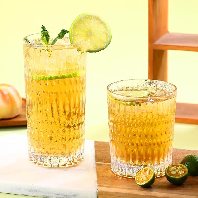 Loivttvv Glassware Drinking Glasses Set of 8, 14 oz Highball Glasses & 10 oz Ribbed Glass Cups, Vintage Glassware for Water, Juice, Cocktail, Whiskey (Clear)