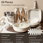 KIKCOIN Nonstick Pots and Pans Set - Ceramic Cookware Set with Detachable Handle - 25 Pack Healthy Pans Set for Cooking - Stackable for RV Kitchen, Induction Ready - Dishwasher and Oven Safe