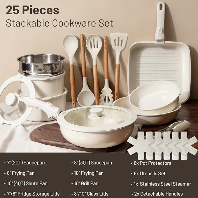 KIKCOIN Nonstick Pots and Pans Set - Ceramic Cookware Set with Detachable Handle - 25 Pack Healthy Pans Set for Cooking - Stackable for RV Kitchen, Induction Ready - Dishwasher and Oven Safe