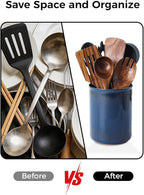 LoeJan Utensil Holder, Extra Large Utensil Crock, Stable Ceramic Utensil Organizer, Cooking Tool Organizer Set for Kitchen Counter Farmhouse Décor, Flambe Blue