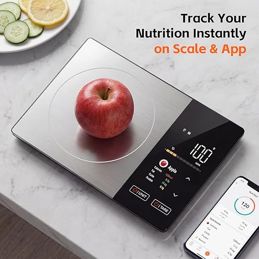 Dual Display Smart Food Scale with Nutritional Calculator, Bluetooth Calorie & Macro Tracker, 1g Precision 5kg/11lb Gram Oz, Digital Kitchen Scale for Meal Prep & Healthy Diet
