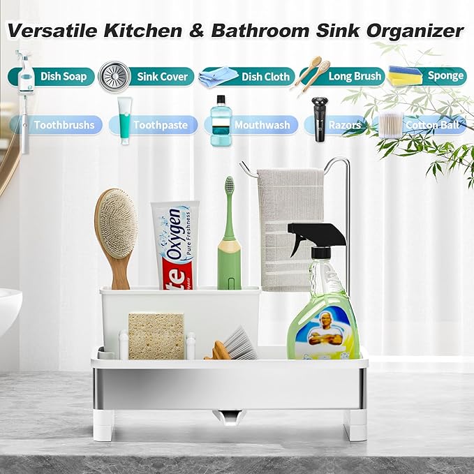 Ewaiira Stainless Steel Sink Caddy, Sponge Holder for Kitchen Sink with Brush Holder & Dishcloth Rack, Rustproof Sink Organizer Countertop, Kitchen Organizers Storage Essentials (E-White 9.8″)
