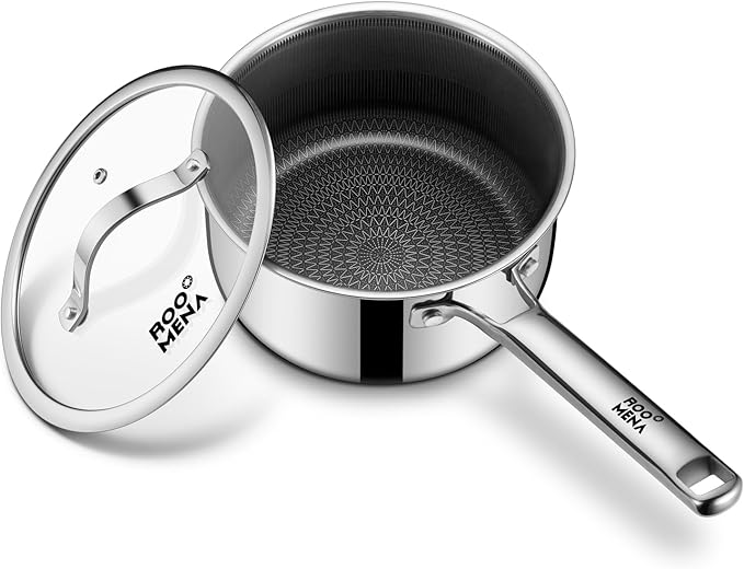 Nonstick Sauce Pan with Lid, Non-Toxic Tri-Ply Hybrid Ceramic Saucepan, 1.5 Quart Stainless Steel Pans, PFAS/PFOA/PTFE Free, Dishwasher & Oven Safe, Induction Compatible