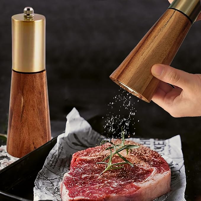 Salt and Pepper Grinder Set Gold Manual Pepper Grinder with Wooden Base, Adjustable Coarseness Refillable Ceramic Blade Grinding Enjoy Fresh Ground Pepper Salts with Spices, 2pcs-7in(7IN-Golden Wood)