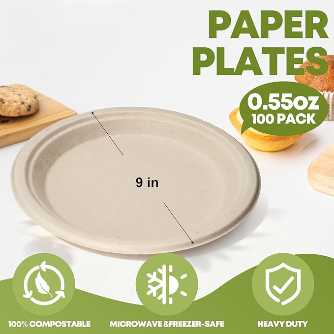 W&Y paper plates 9 Inch Disposable Paper Plates [100 Pack] - Heavy Duty Dinner Plates, Leak Proof & Microwave Safe, Cut Resistant & Compostable for Parties, Weddings, Catering Events