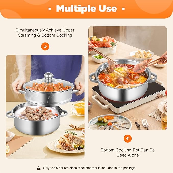 5-Tier Stainless Steel Steamer, 12.59 * 2.75inch Cooking Tools Pan Set Household Cookware Pot Large Capacity Kitchenware Multi-Purpose Kitchen Implements Stackable Vegetable Pan w/Glass Lid