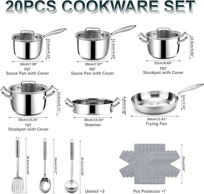 Stainless Steel Cookware Set - 20 PCS Pots and Pans Set with 3-Ply Stainless Steel Frying Pan, Professional Kitchen Cooking Set, Induction Compatible, Oven & Dishwasher Safe