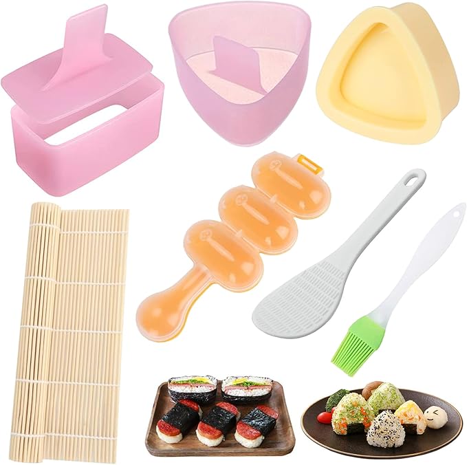 7 Pcs Onigiri Rice Ball Mold Maker Kit, Musubi Press, Classic Triangle Shake Sushi Roller Mat Tool for Kids Bento Lunch and Home DIY, Non-stick, BPA-Free