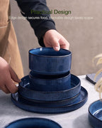 Famiware Star 24-Piece Plates and Bowls Set with Trim, Service for 8 - Stoneware Reactive Glaze Dinnerware, High Edge Ribbed Dishes, Chip & Scratch Resistant, Microwave & Dishwasher Safe, Nebulas Blue