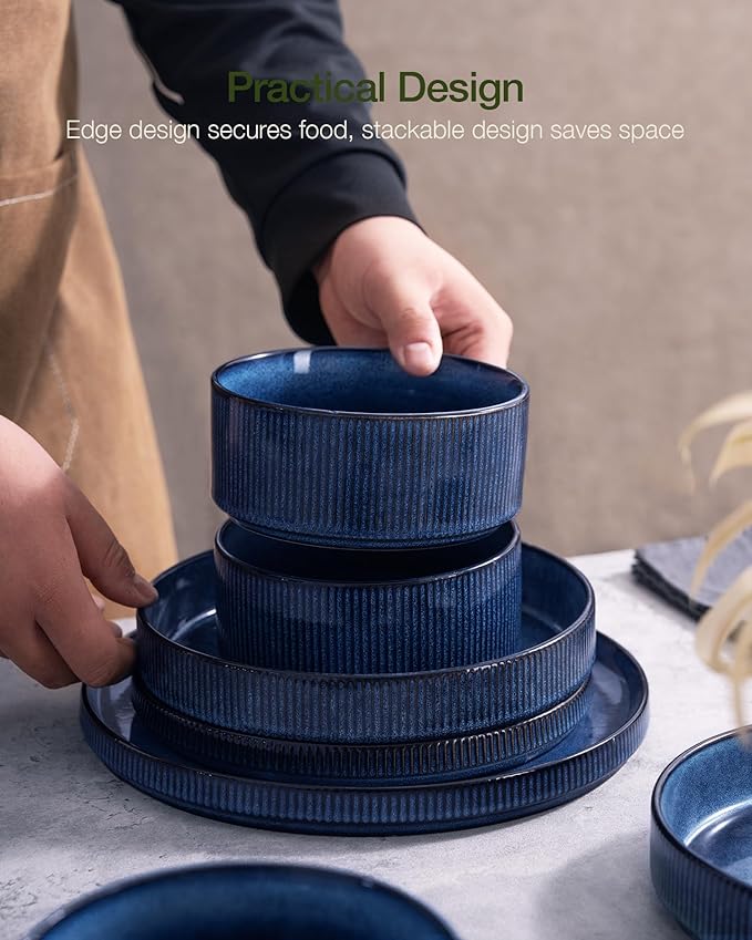 Famiware Star 12-Piece Stoneware Dinnerware Sets for 4, Reactive Glaze Plates and Bowls, Modern Rustic Dishes for Everyday & Formal Use, Chip/Scratch Resistant, Microwave/Dishwasher Safe, Nebulas Blue
