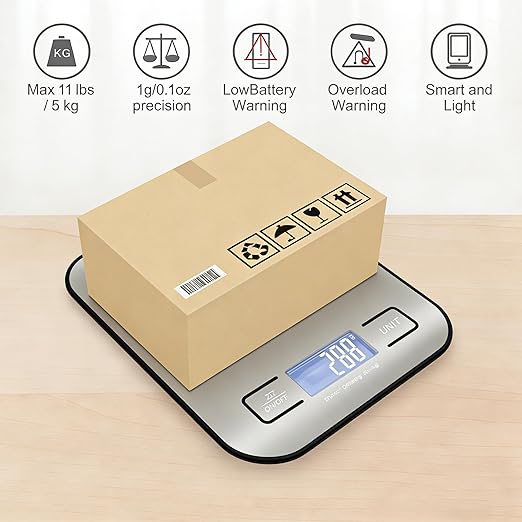 Digital Shipping Scale,Stainless Steel Panel, Accurate Portable Postal Scale for Packages, Small Business,Kitchen, Food, Handmade, Liquids, and Boutique (Stainless Steel Battery (5kg/1g))
