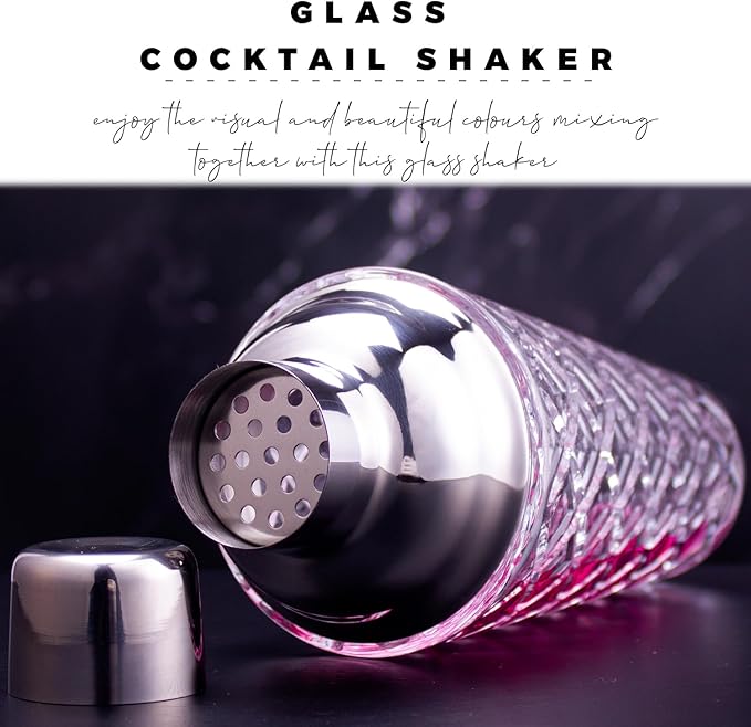 Cocktail Shaker Set, 14.2oz Glass Martini Shaker with Strainer - Includes Measuring Jigger, Mixing Spoon and Muddler - Perfect for Making Cocktails and Protein Shakes (Silver)