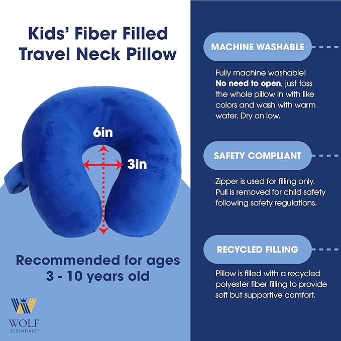 Wolf Essentials Kids Travel Neck Pillow - Cozy Soft Microfiber, Compact Design for Airplane, Car Seat, or Toddler Travel Support – Purple