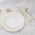 BESTVIP 900PCS Gold Dinnerware Set for 150 Guests, Plastic Plates for Party, 150 Gold Disposable Plates, 150 Dessert Plates, 150 Cups, 150 Spoons, 150 Forks and 150 Knives