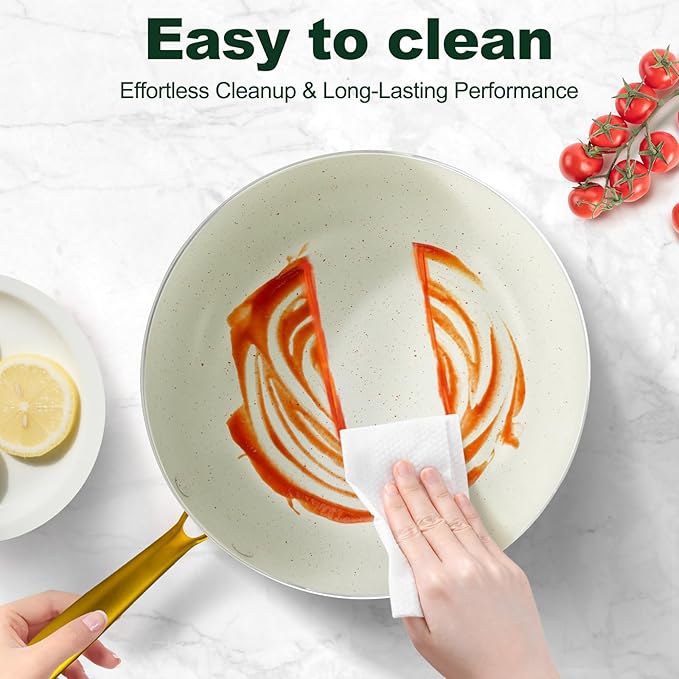 M MELENTA Pots and Pans Set Non Stick, 7 Piece White Granite Induction Cookware Set, Nonstick Kitchen Cooking Set with Gold Handle and Utensil, Oven Safe (PFOS, PFOA Free)