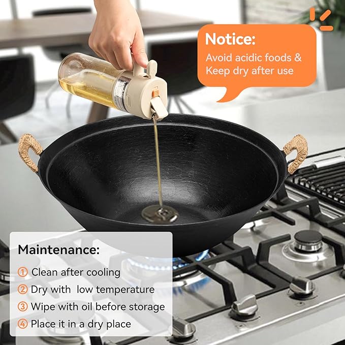 WANGYUANJI 15 Inch Cast Iron Wok with Wooden Lid and Spatula, Large Flat Bottom Double-Handle Chinese Stir Fry Pan, Uncoated for Induction, Gas and Electric Stoves