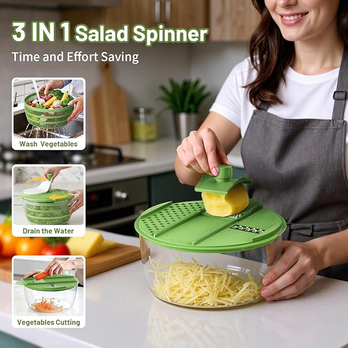 Salad Spinner, 5.3 QT Lettuce Spinner with Strainer, Fruit Cleaner with 4 Replaceable Blade for Shredding, Slicing and Pureeing, Salad Washer & Dryer for Quick Washing (Green)