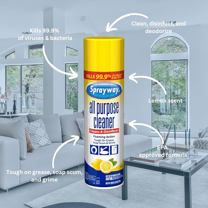 Sprayway All Purpose Cleaner with Lemon Scent, 19oz, Pack of 6 | Foaming Action, Clean, Disinfect, Deodorize | Tough on Grease, Soap Scum, Grime | EPA Approved, Kills 99.9% of Viruses & Bacteria
