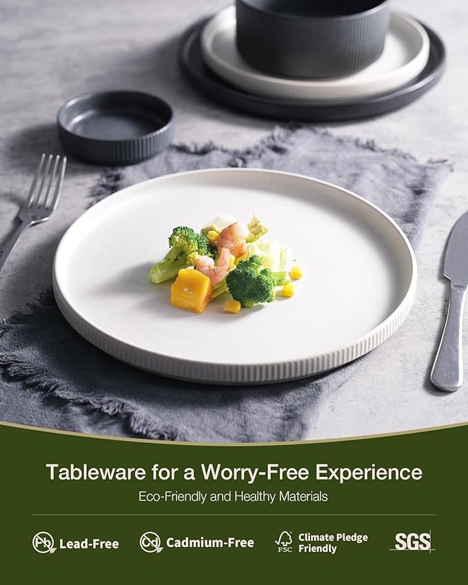 Famiware Star 24-Piece Reactive Glaze Plates and Bowls Sets, Service for 8 - Stoneware Dinnerware Set, High Edge Ribbed Dishes, Chip & Scratch Resistant, Microwave & Dishwasher Safe, White & Black