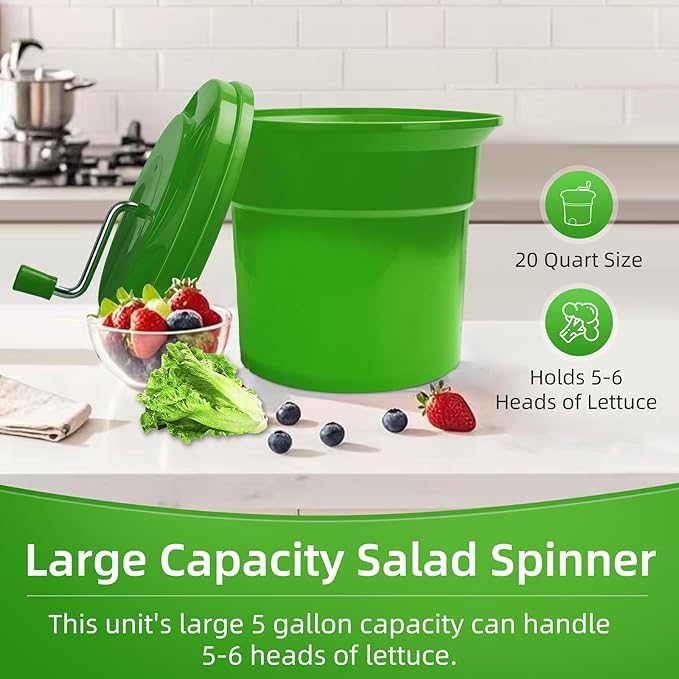 5 Gallon Commercial Salad Spinner and Dryer, Large Manual Vegetable Washer & Greens Dryer with Drain Tube, Heavy-Duty & FDA Listed for Restaurant, Home, Farm Use