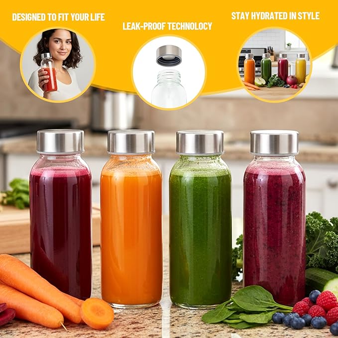 10 oz Clear Glass Bottle with Lid, Reusable Glass Water Bottles with Stainless Steel Cap & Straws for Juicing, Milk, Ginger & Smoothies, Refrigerator, Leak-Proof, Juice Containers Set of 16