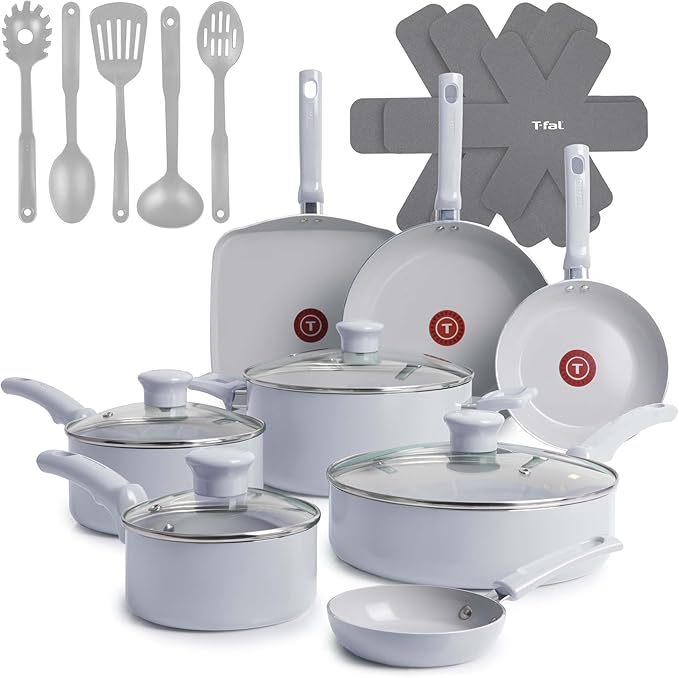 T-Fal Refresh Ceramic Nonstick Cookware Set, 20-Piece, Oven Safe to 350°F, Includes Stockpot, Griddle, Frying Pans, Utensils, Ceramic Pots and Pans Set, Blue