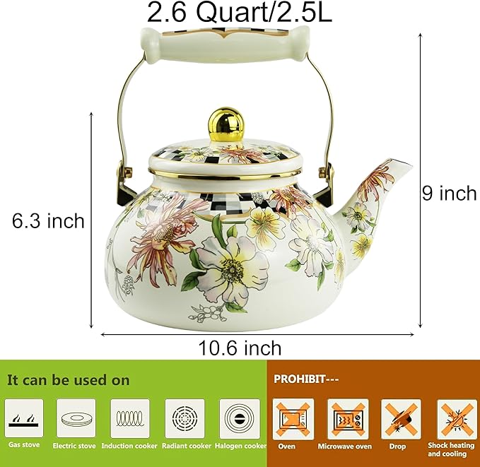 Enamel Tea Kettle, Bohemia 2.5L Vintage Floral Enamel Steel Teapot for Stovetop - No Whistling, Lead-Free, Retro Decor & Hot Water/Coffee Tea Pot, Ideal Housewarming/Wedding Gift