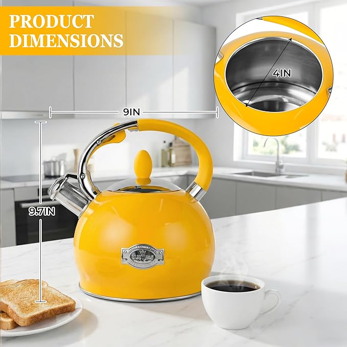 SUSTEAS Stove Top Whistling Tea Kettle - Food Grade Stainless Steel Teakettle Teapot with Cool Touch Ergonomic Handle, With 1 Silicone Pinch Mitt Included, 2.64 Quart,YELLOW