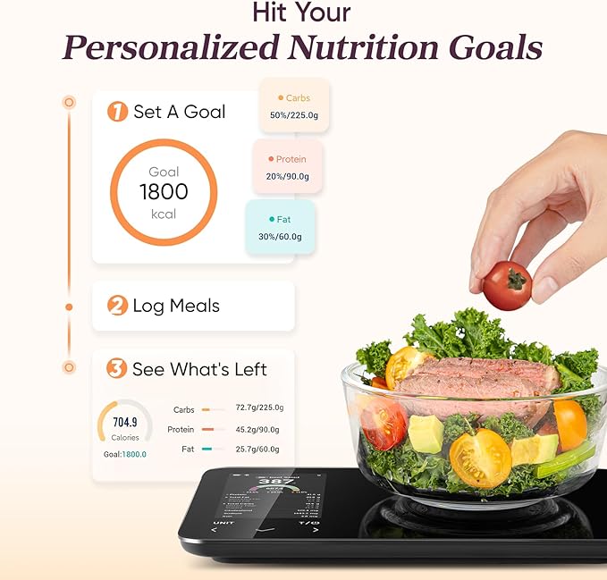 Cosori Smart Food Kitchen Scale with Nutritional Calculator, Free App for AI Scan, Calorie & Macro Tracking, Food Preload, On-Screen Nutrient Info, Personal Goals, Rechargeable, 11 lb / 5 kg