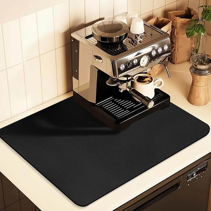 Coffee Mat for Countertops ,Coffee Bar Accessories Fit Under Coffee Maker Espresso Machine, Absorbent Hide Stain Rubber Mat for Countertop ,Dish Drying Mat for Kitchen Counter (Black, 17"x31.5")