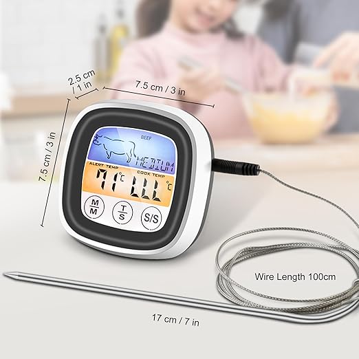 Meat Thermometer, Digital Oven Thermometer with Long Probe, Large LCD Touchscreen, Kitchen Timer, Instant Read Grill Thermometer for Oven BBQ Candy Steak Cooking Baking Grilling