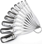 FANGSUN Narrow Measuring Spoons Set of 10, Heavy-Duty Stainless Steel Measuring Spoons with Long Handles & Engraved Measurements, Fits in Spice Jars, for Baking & Cooking