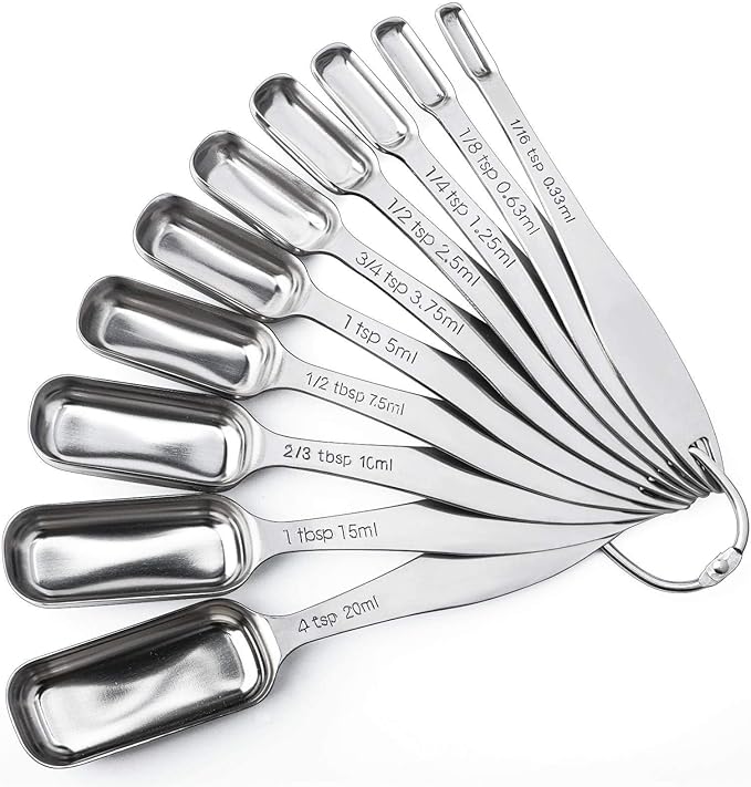FANGSUN Narrow Measuring Spoons Set of 10, Heavy-Duty Stainless Steel Measuring Spoons with Long Handles & Engraved Measurements, Fits in Spice Jars, for Baking & Cooking