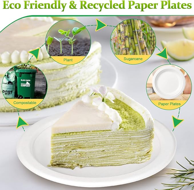 Small Compostable Plates - White 7" Bulk 200 Pack Recycled Plates for Dessert & Cake
