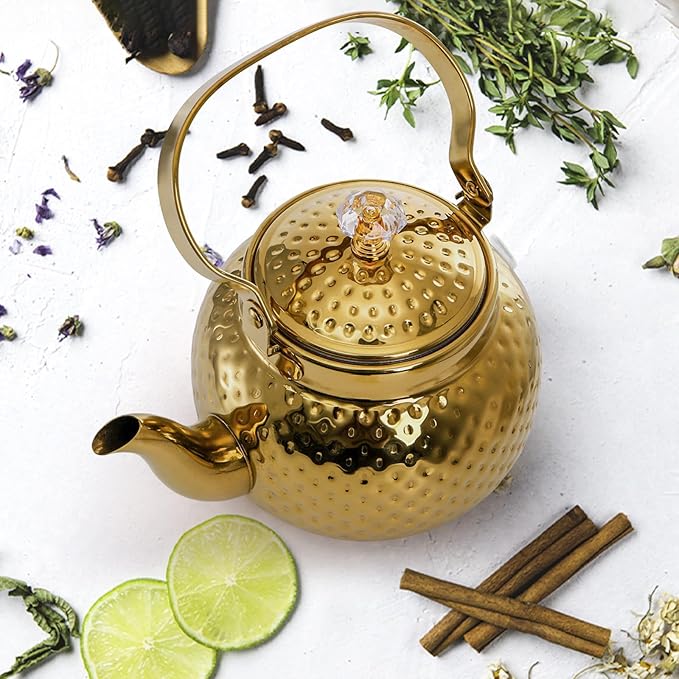 Coloch Teapot with Removable Infuser, 40 Oz(1200ml) Stainless Steel Tea Kettle Antique Style Coffee Pot Stovetop Teapot for Loose Leaf Tea, Tea Bag, Golden