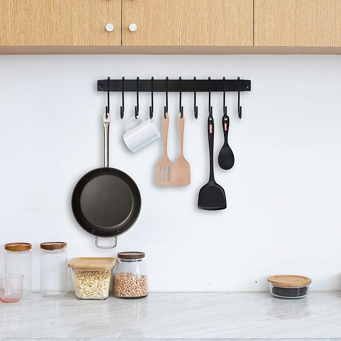Wrought Iron Kitchen Holder: 10-Hook Wall-Mounted Utensil Rack with Black Finish - Ideal for Pots, Pans, Coffee Mugs
