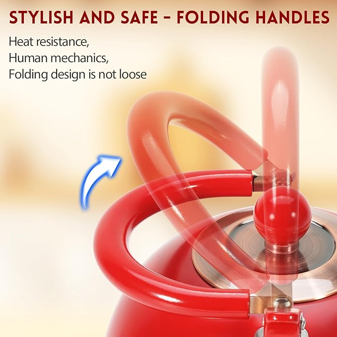 Tea Kettle,Whistling Tea Kettle Stovetop 2.6 Quart, Tea Pots for Stove Top Food Grade Stainless Steel,Wood Pattern Handle,Christmas Gift(Red),With Anti Scald Towel