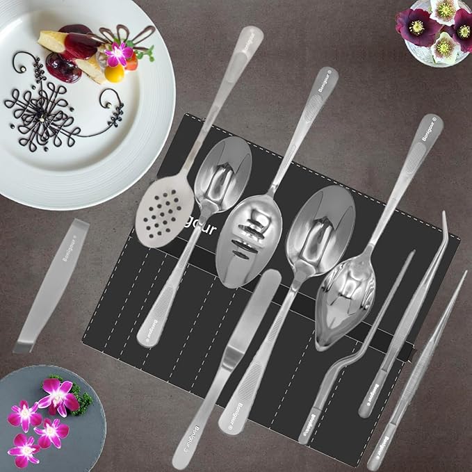 | Plating Tools Culinary Set | 11 Piece Professional Chef Plating Tools Pro Kit | Kitchen Plating Utensils | Modernist Cuisine Food Art | Stainless Steel | Black (Silver)