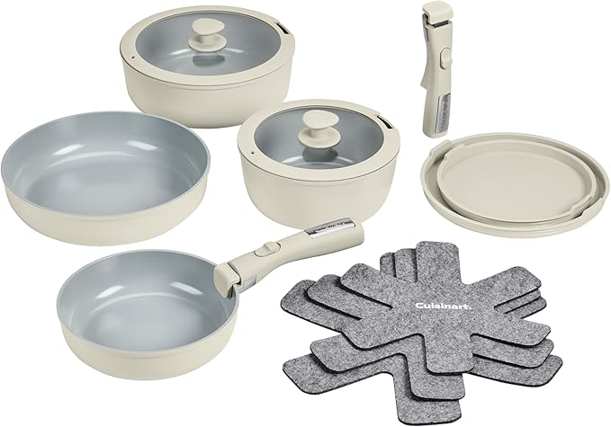 Cuisinart 13-Pc ClickSmart Nonstick Detachable Handle Ceramic Cookware, Pots and Pans Set, Stackable Space-Saving Design, Compatible with All Stovetops, Induction & Oven Safe, PURELYCERAMIC