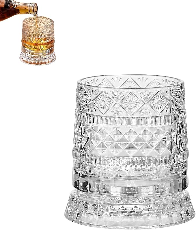 Spinning Whiskey Glasses Set, 360 Degree Rotating Old Fashioned Crystal Tumbler with Unique Relief Base, Rotatable Cocktail Wine Cup for Flavor, Drinking Glassware & Bar Accessories