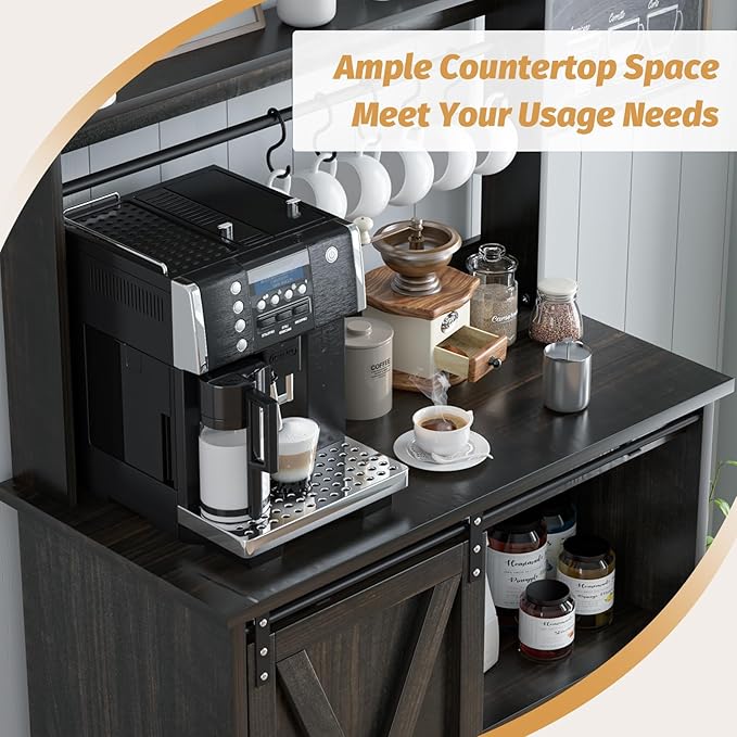 4ever2buy Farmhouse Coffee Bar with Hutch, 31 Inch Buffet Cabinet with Sliding Barn Door, Storage Bar Cabinet with 6 Hooks, Coffee Bar Table with Adjustable Shelves for Living Dining Room, Oak