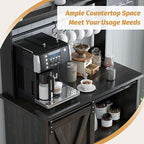 4ever2buy Farmhouse Coffee Bar with Hutch, 31 Inch Buffet Cabinet with Sliding Barn Door, Storage Bar Cabinet with 6 Hooks, Coffee Bar Table with Adjustable Shelves for Living Dining Room, Oak