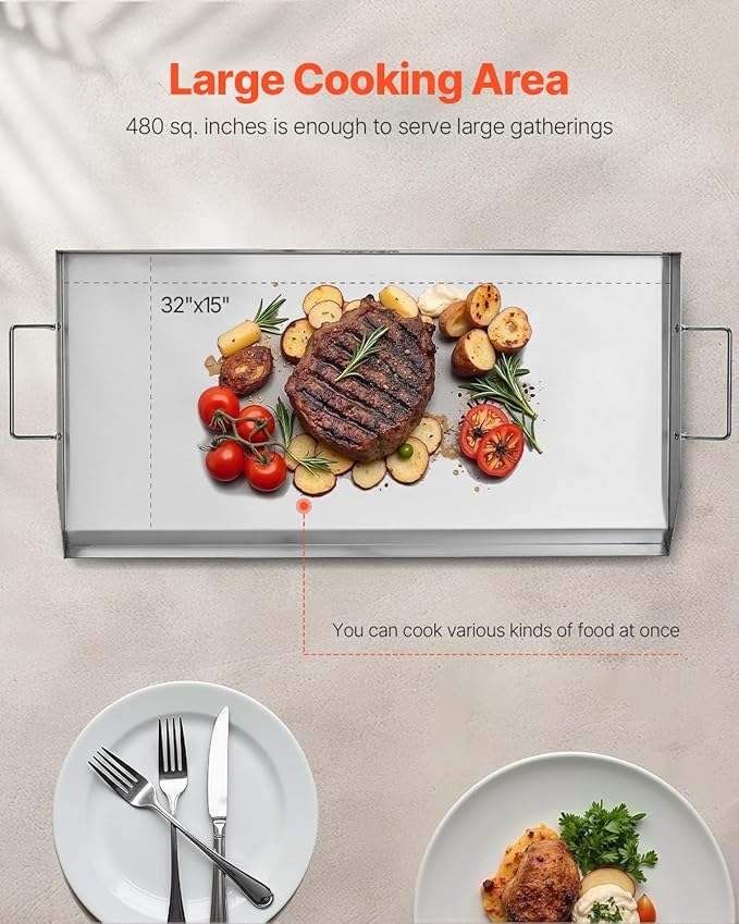 VEVOR Stainless Steel Griddle, 32x16 inch Universal Flat Top Rectangular Plate, Gas Grill Griddle for BBQ Grill, Teppanyaki, Portable Family Cookware with Handle, for Camping Tailgating Party