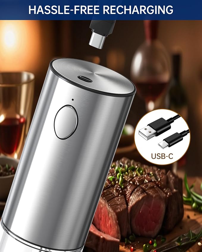 CIRCLE JOY Electric Salt and Pepper Grinder Set Rechargeable Stainless Steel Salt and Pepper Shakers with LED Light and Storage Base, External Adjustable Coarseness for Hygienic Easy Use