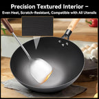 WANGYUANJI 12.6 Inch Flat Bottom Iron Wok with Glass Lid and Wooden Handle, Non-Coated, Naturally Nonstick Stir Fry Pan for Gas, Electric & Induction Stovetops