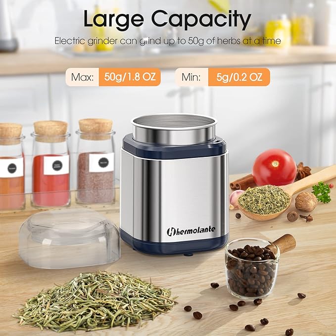 Hermolante Herb Grinder Spice Grinder, 200 w Herb Grinder with Stainless Steel Blade and Cleaning Brush, Compact Size Electric Grinder for Herbs and Spices -5.11in(Stainless Steel)