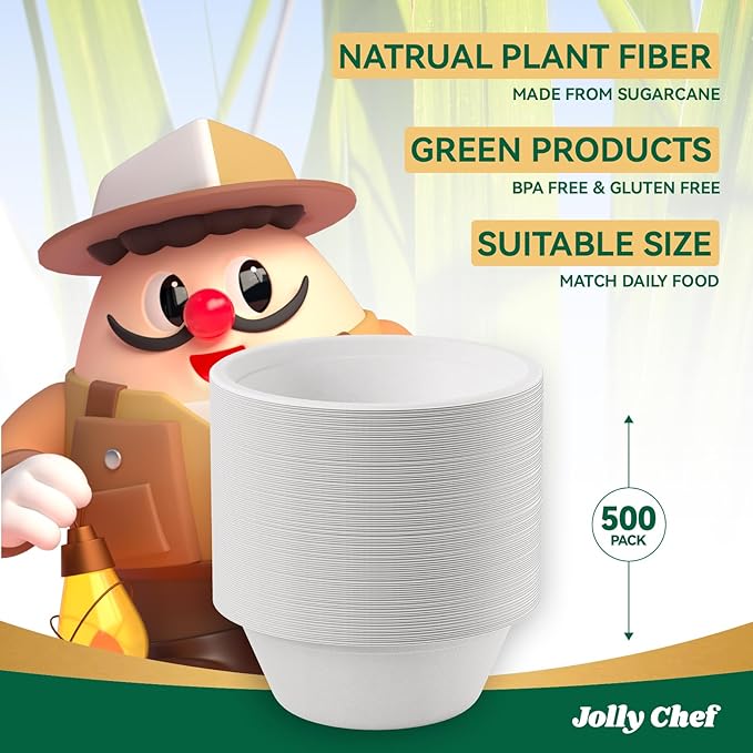 JOLLY CHEF Compostable Disposable Paper Bowl [16 oz] Heavy Duty Soup Containers [500 Pack] Biodegradable Bagasse Hot Cold Food Eco-Friendly Sugarcane Microwavable Bowls for Salad Milk Dinner Christmas