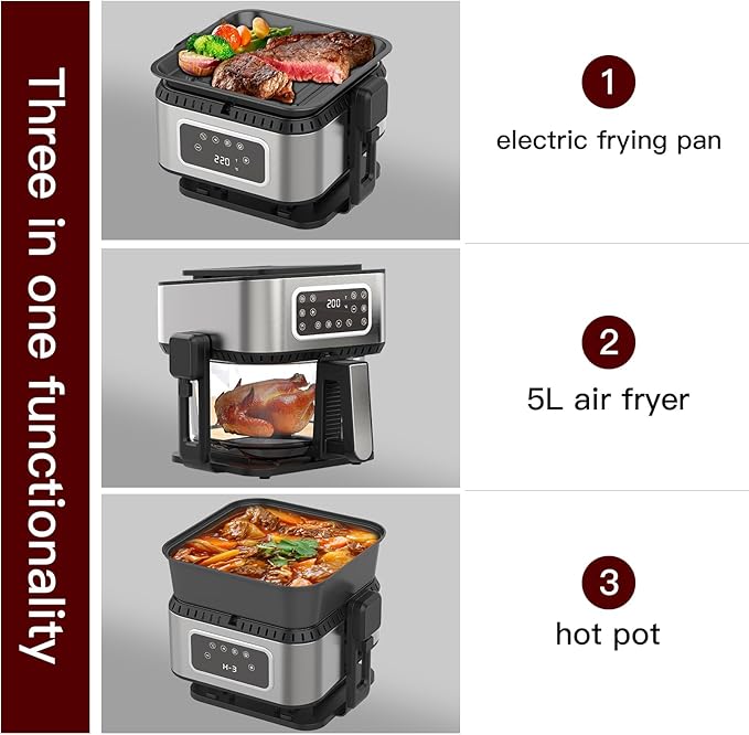 3-in-1 Air Fryer Oven, 5.2QT with See-Through Window, 8 Presets Touchscreen, Multi-Cooker for Air Frying, Roasting, Baking, Dehydrate, Reheat & Stewing, Turbo Crisp Technology, No Flip Needed.